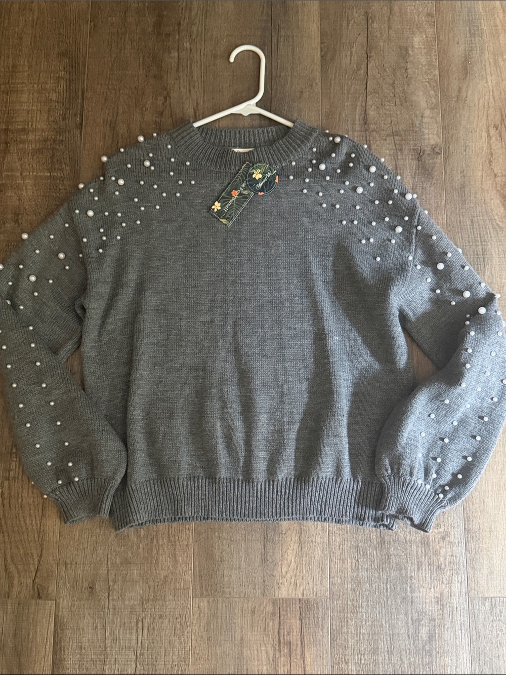 NWT Women’s Gray Pearl-Embellished Crewneck Sweater